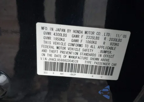 2006 Acura Tsx z USA, uszkodzony, nr VIN JH4CL95986C004528